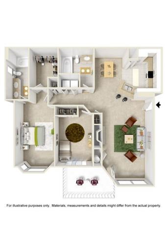 A floor plan of a house with a kitchen, living room, and two bedrooms.